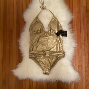 Baby Phat one piece bathing suit, size XL with attached belt w/ gold logo buckle